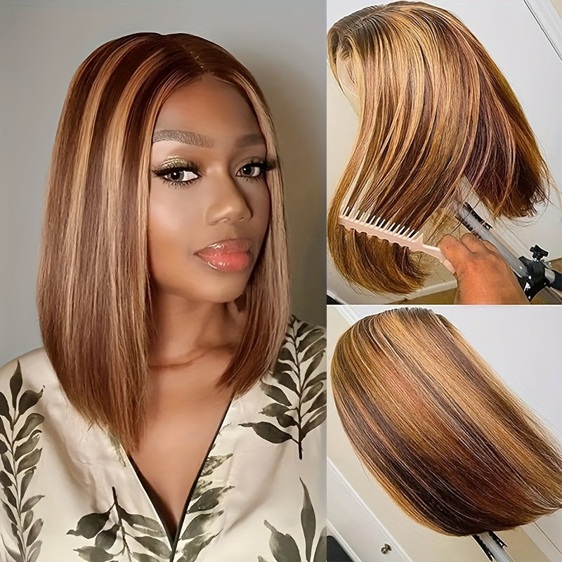 4/27 Highlight Ombre Straight Short Bob Lace Front Wig - 220% Density Human Hair with HD Transparent Lace Closure & Pre-Plucked Baby Hair, Honey Blonde to Dark Brown Gradient - Elegant Style for Women, Perfect for Parties, We